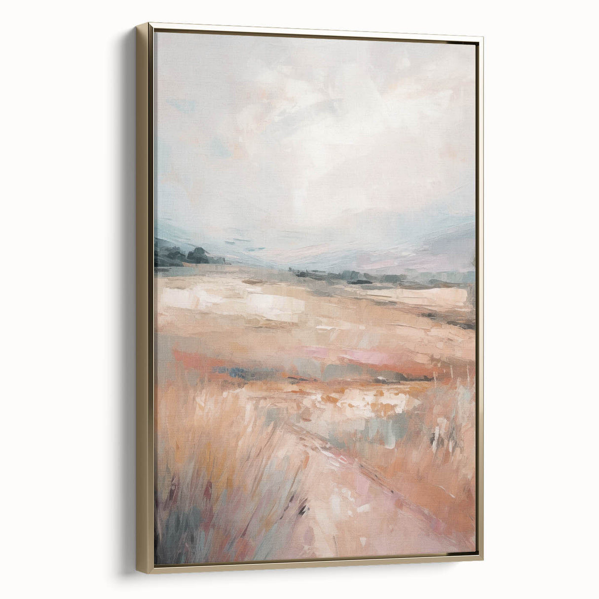 Framed minimalist wall art showcasing an abstract design in gold tones, elegantly displayed from the side, perfect for modern decor.