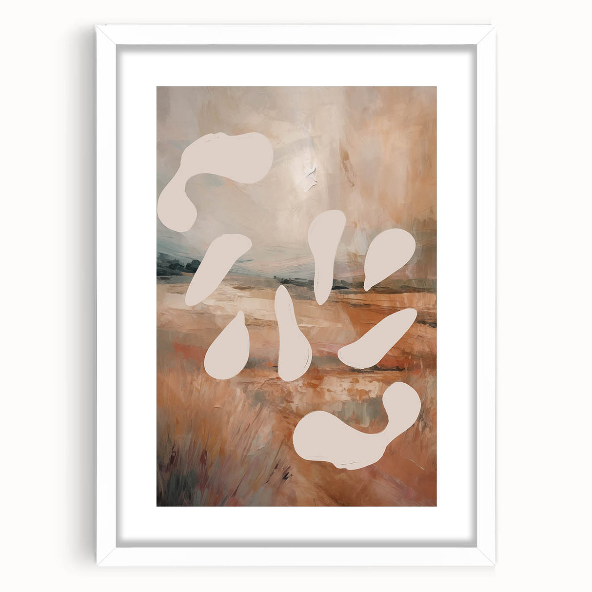 Abstract minimalist wall art collection featuring a framed design with a matte white finish, showcasing geometric shapes and soft colors.