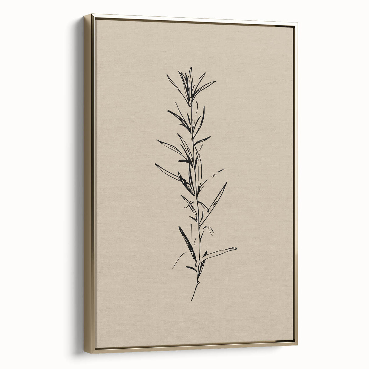 Framed abstract minimalist wall art featuring a gold design, showcasing elegant lines and shapes against a neutral background, ideal for modern decor.