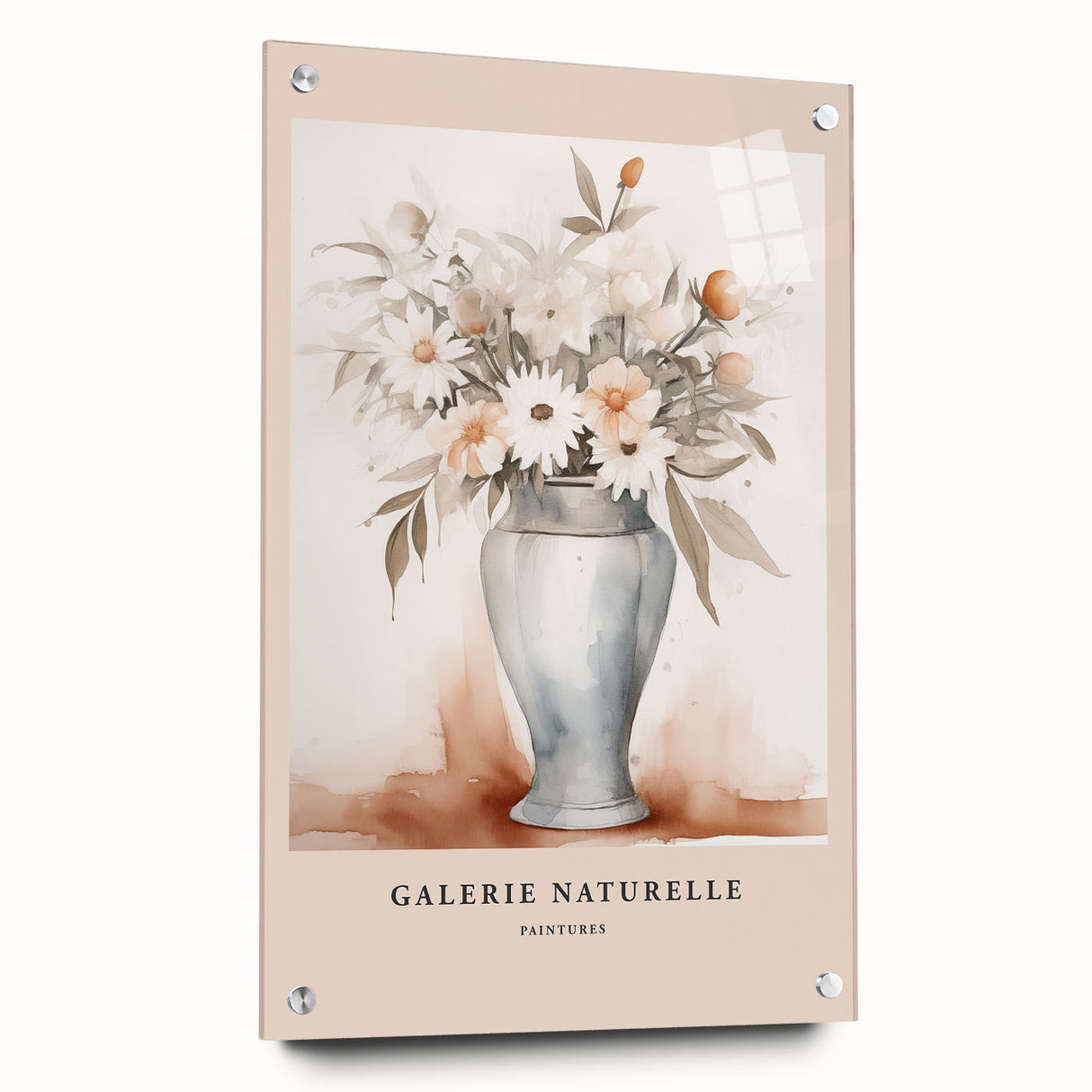 Acrylic glass wall art collection showcasing five abstract minimalist designs, elegantly displayed with pins against a neutral background.