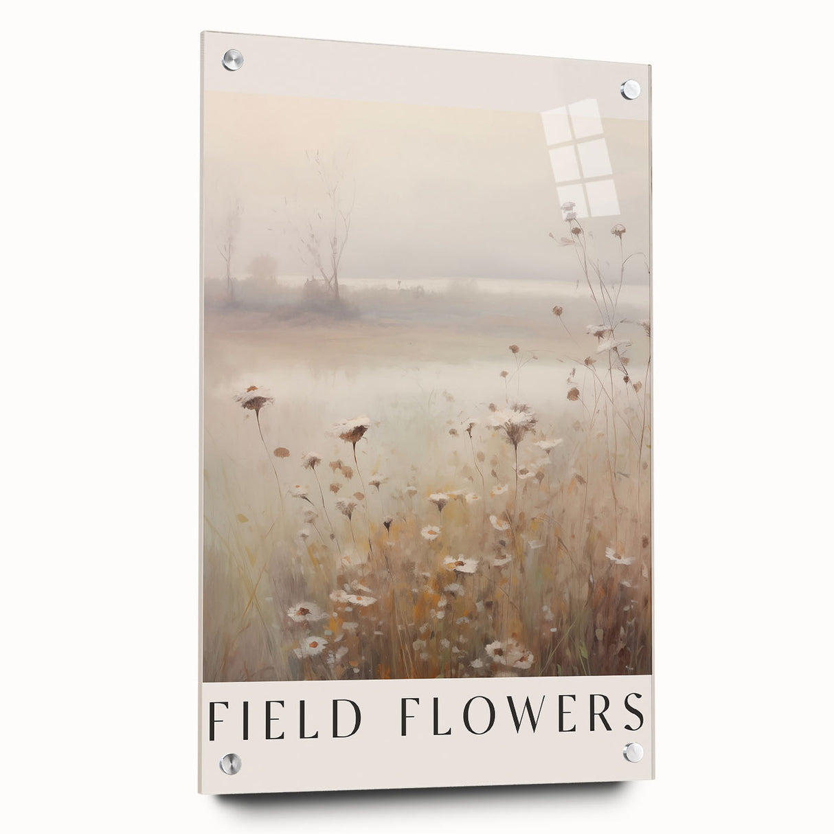 Abstract minimalist wall art collection displayed in acrylic glass, showcasing a sleek side view with decorative pins for elegant presentation.