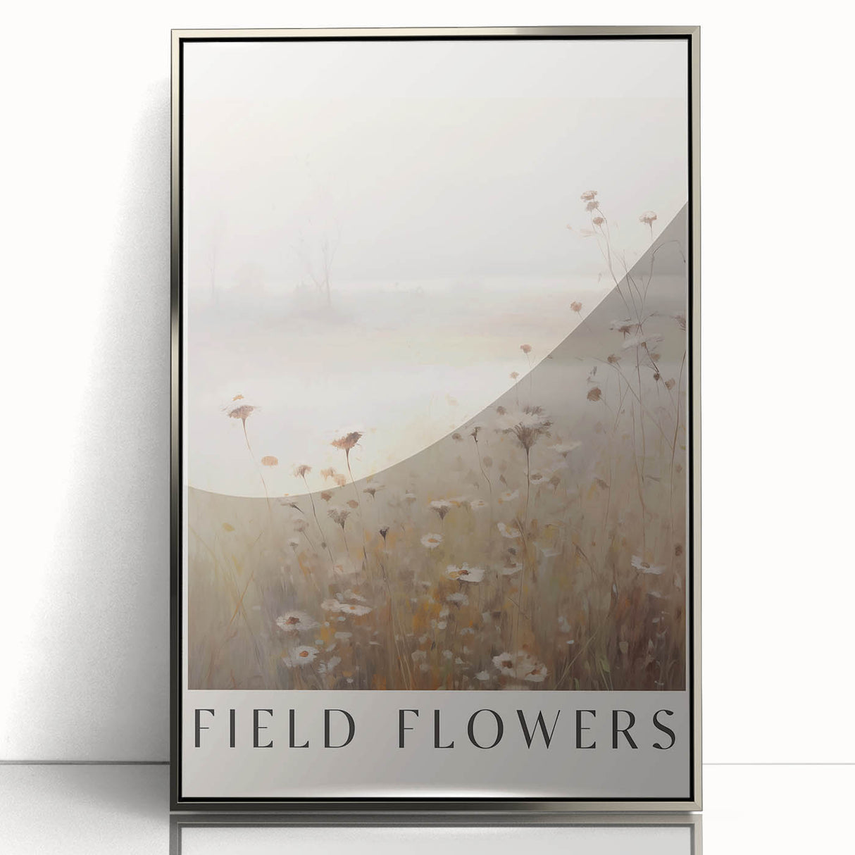 Framed abstract minimalist wall art featuring geometric shapes in silver and white, elegantly displayed with a sleek acrylic finish.