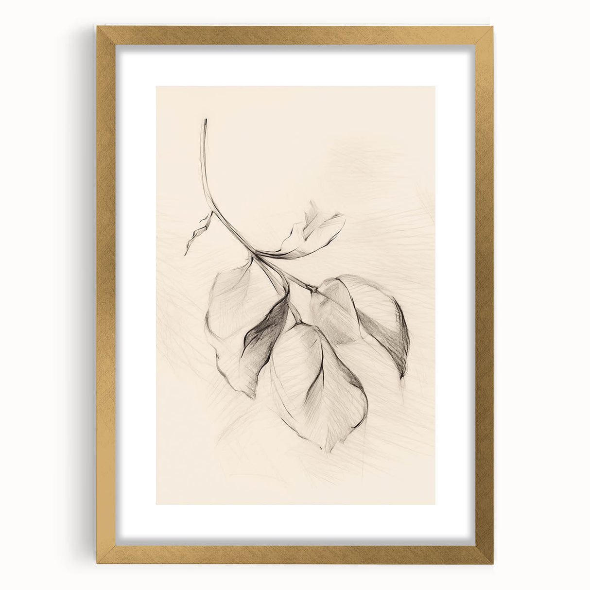 Minimalist wall art collection featuring an abstract design with gold framing and a white mat, showcasing modern decor for stylish interiors.