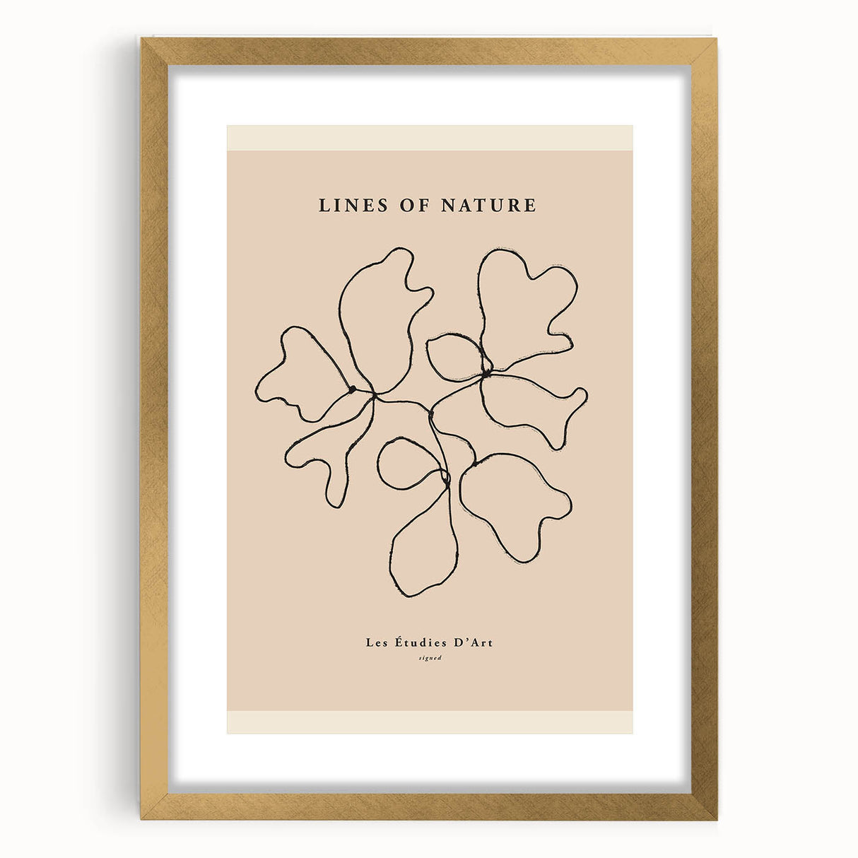 Abstract minimalist wall art collection featuring a gold-framed design with a mat. The artwork showcases soft earthy tones and geometric shapes, perfect for modern decor.