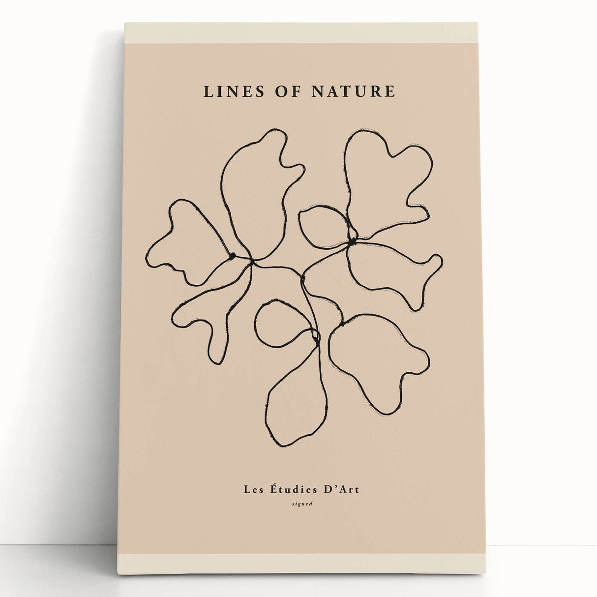 Abstract minimalist wall art featuring soft pastel colors and geometric shapes, displayed on a stretched canvas leaning against a neutral wall, perfect for modern decor.