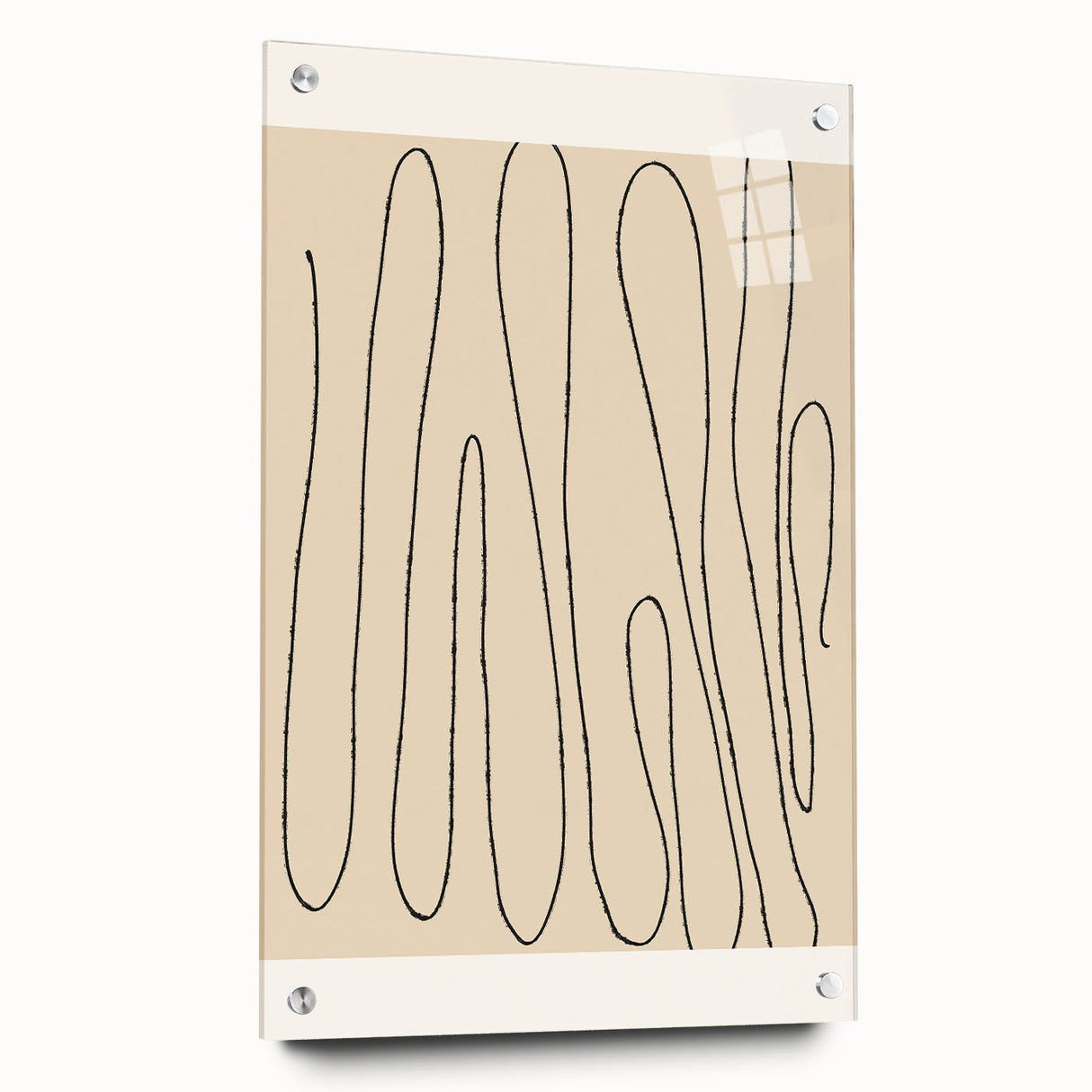 Abstract minimalist wall art collection displayed in a side view, showcasing acrylic glass framing and mounted with decorative pins, emphasizing modern artistic design.