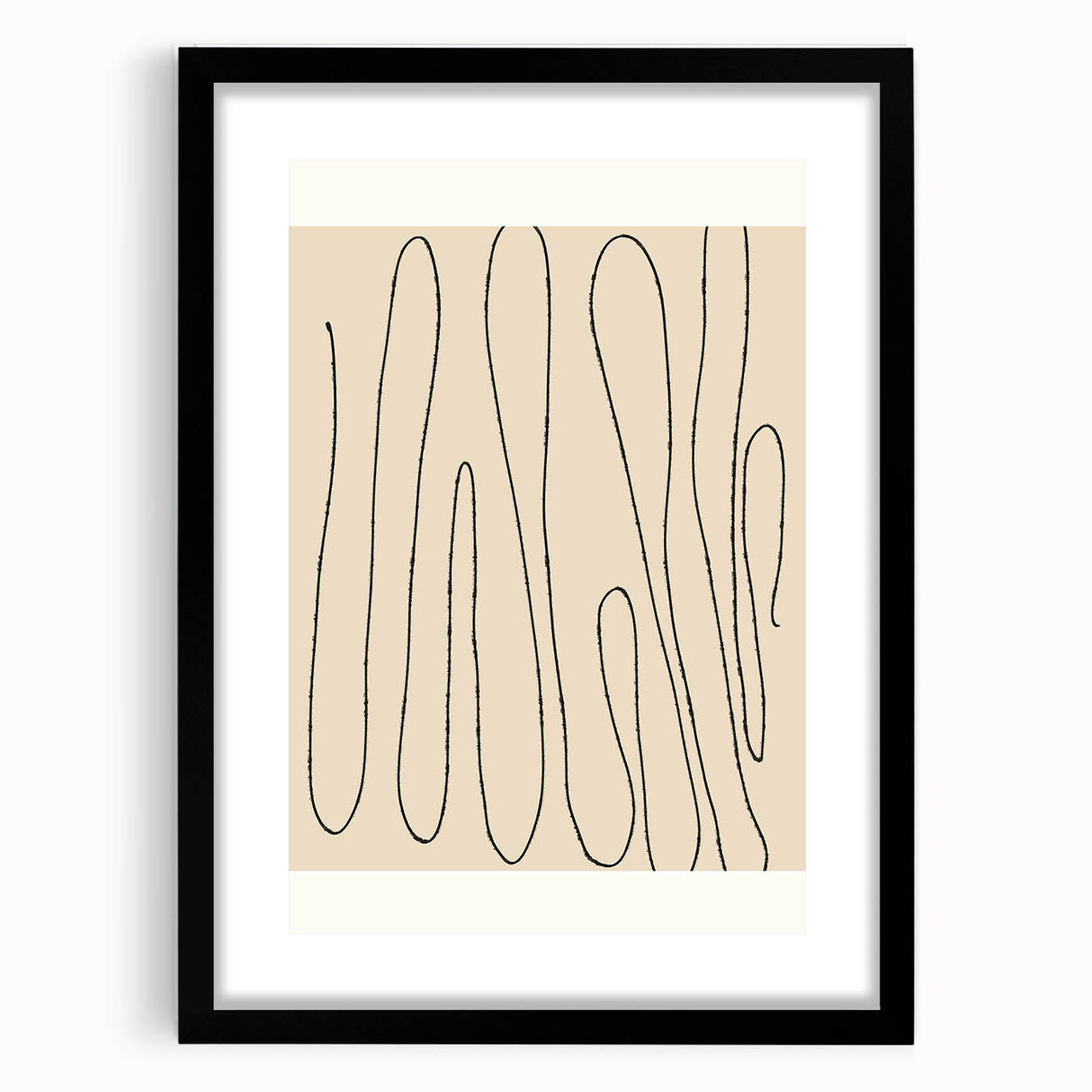 Minimalist abstract wall art collection in a sleek black frame, showcasing geometric shapes and soft colors, perfect for modern decor.