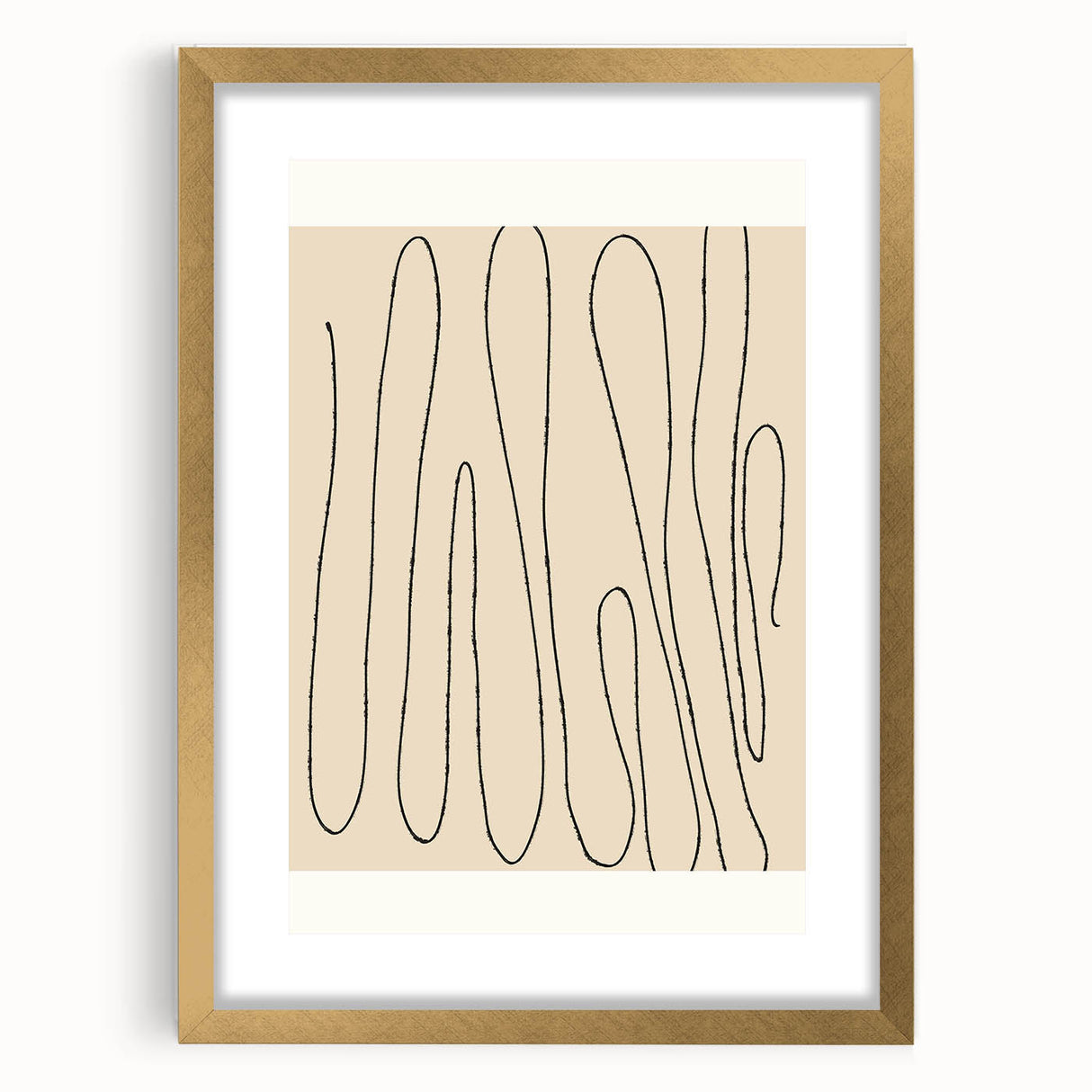Abstract minimalist wall art collection featuring a gold-framed design with mat, showcasing contemporary geometric shapes and neutral tones for elegant decor.