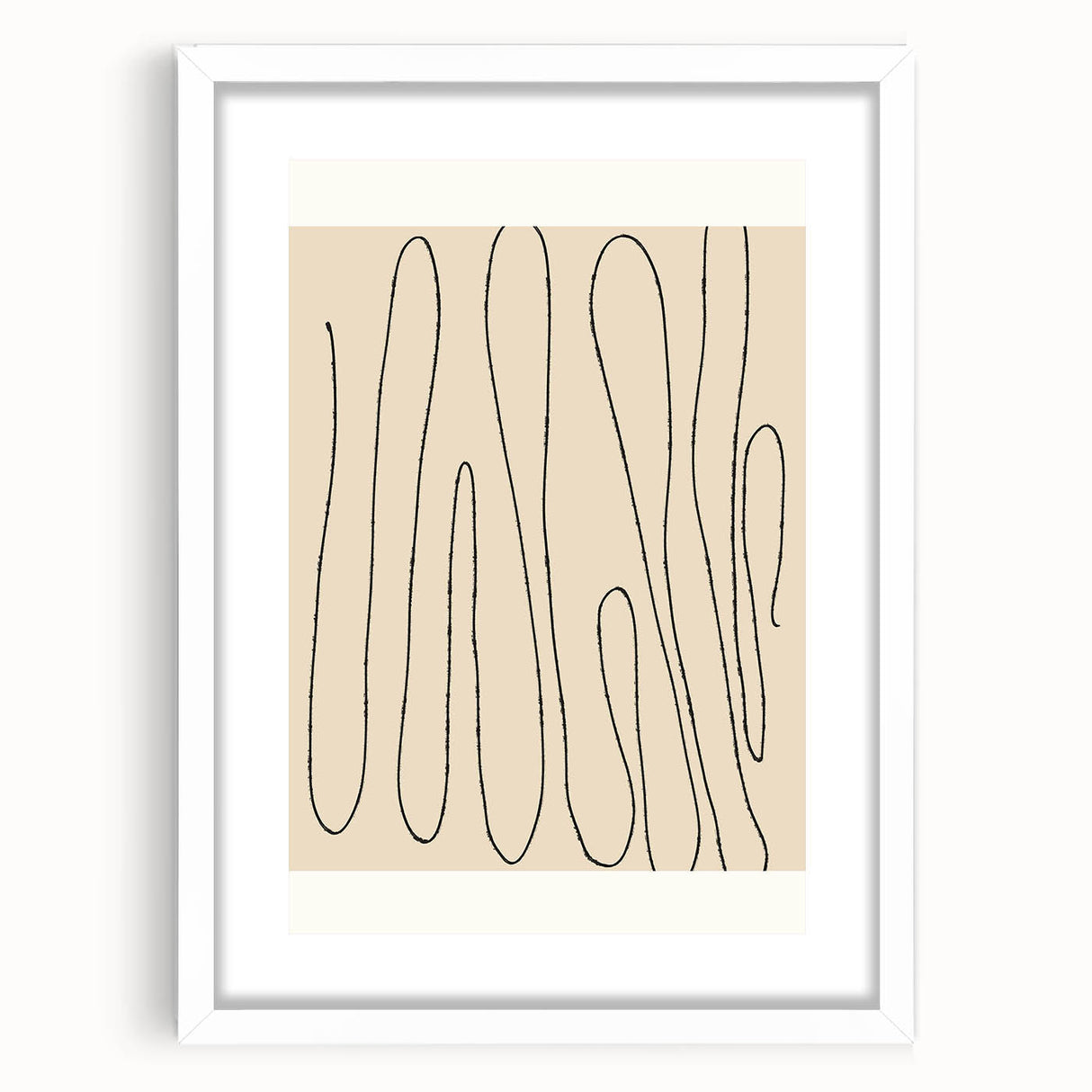 Minimalist wall art collection featuring abstract designs in soft colors, framed with a sleek white mat, perfect for modern decor.
