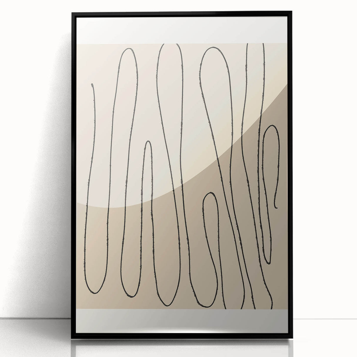 Framed abstract minimalist wall art collection featuring geometric designs in black and white, displayed against a bright backdrop for modern decor.