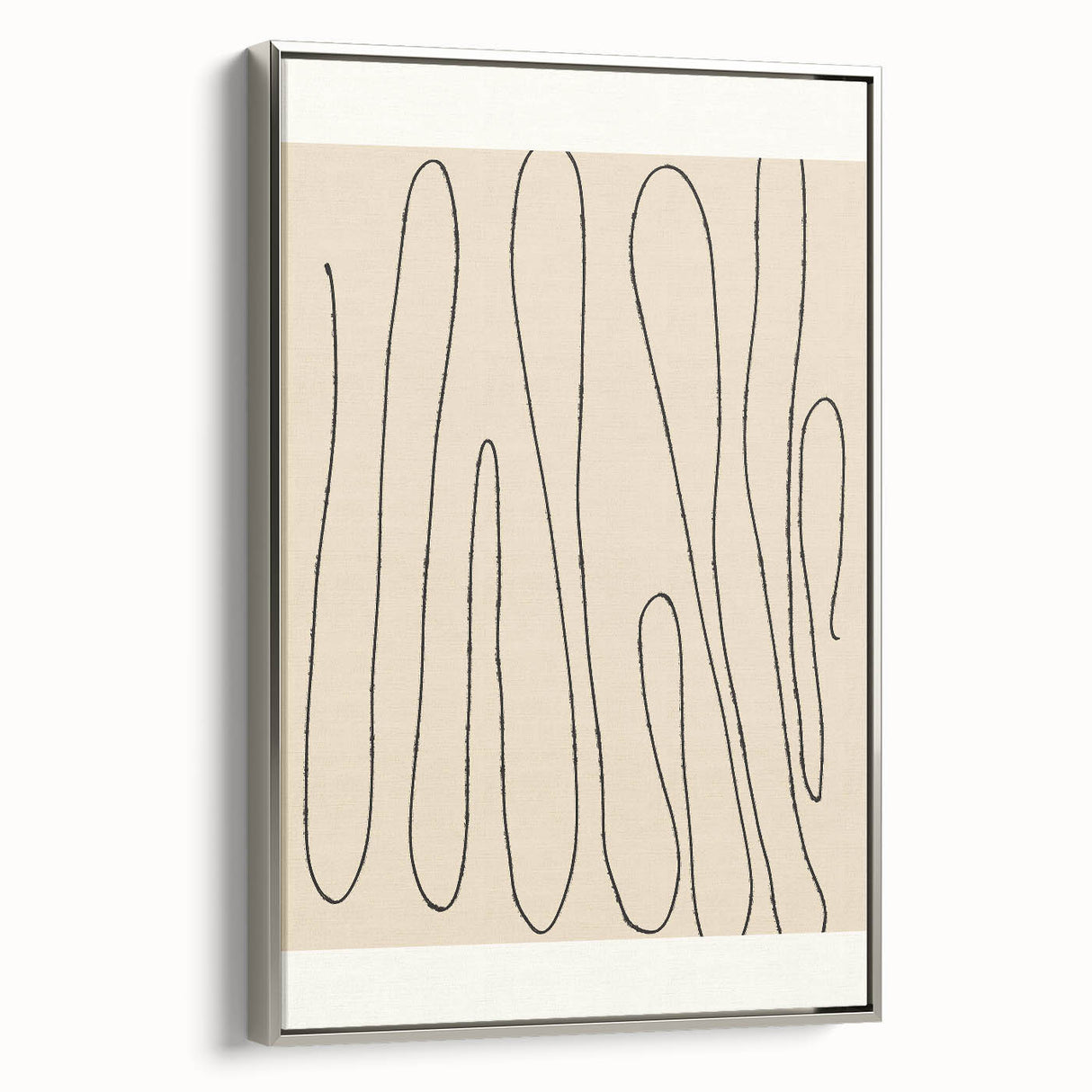 Framed abstract minimalist wall art collection showcasing a silver side view, featuring geometric shapes and soft colors, ideal for modern decor.