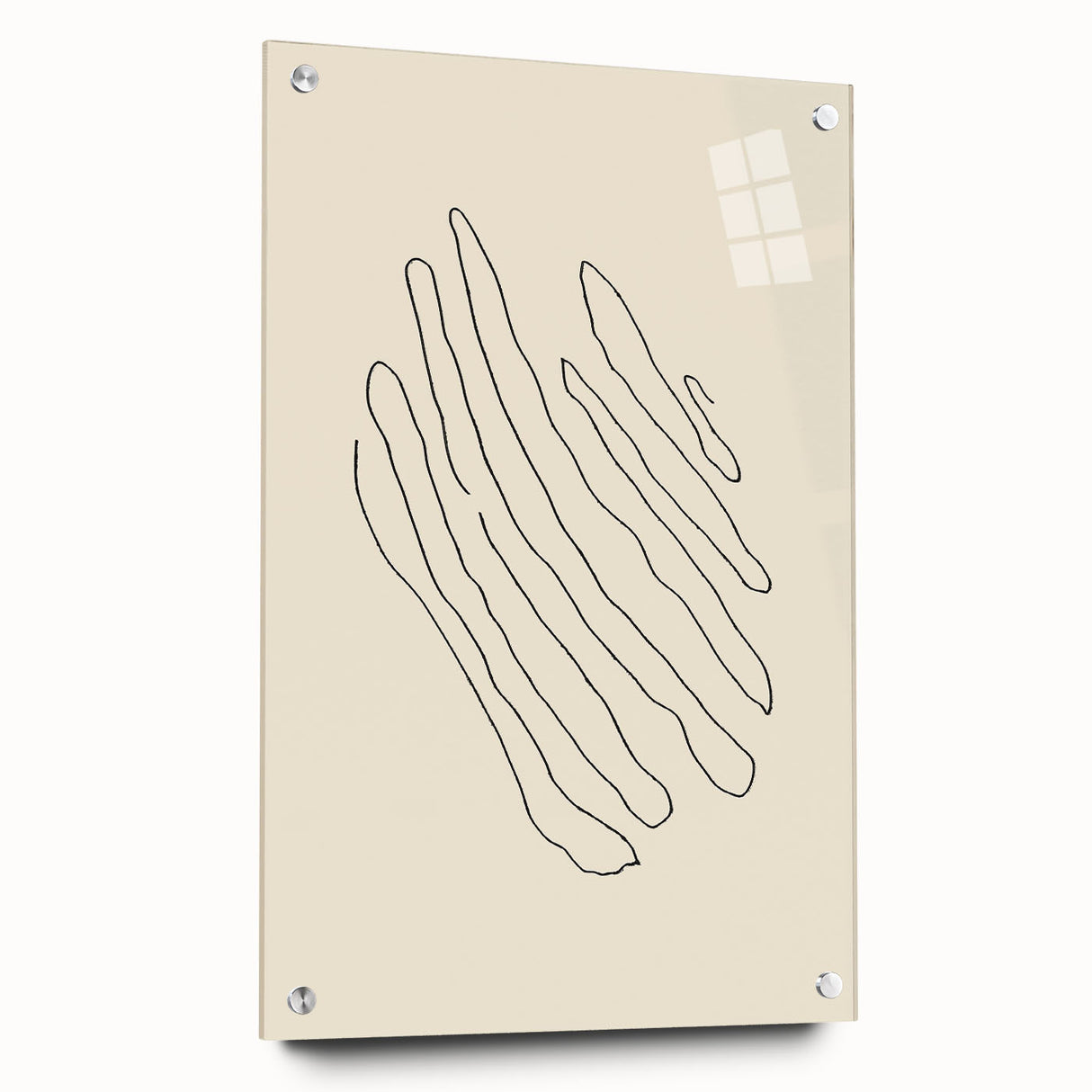 Abstract minimalist wall art collection displayed in an acrylic frame, featuring a side view showcasing mounting pins, ideal for modern home decor.