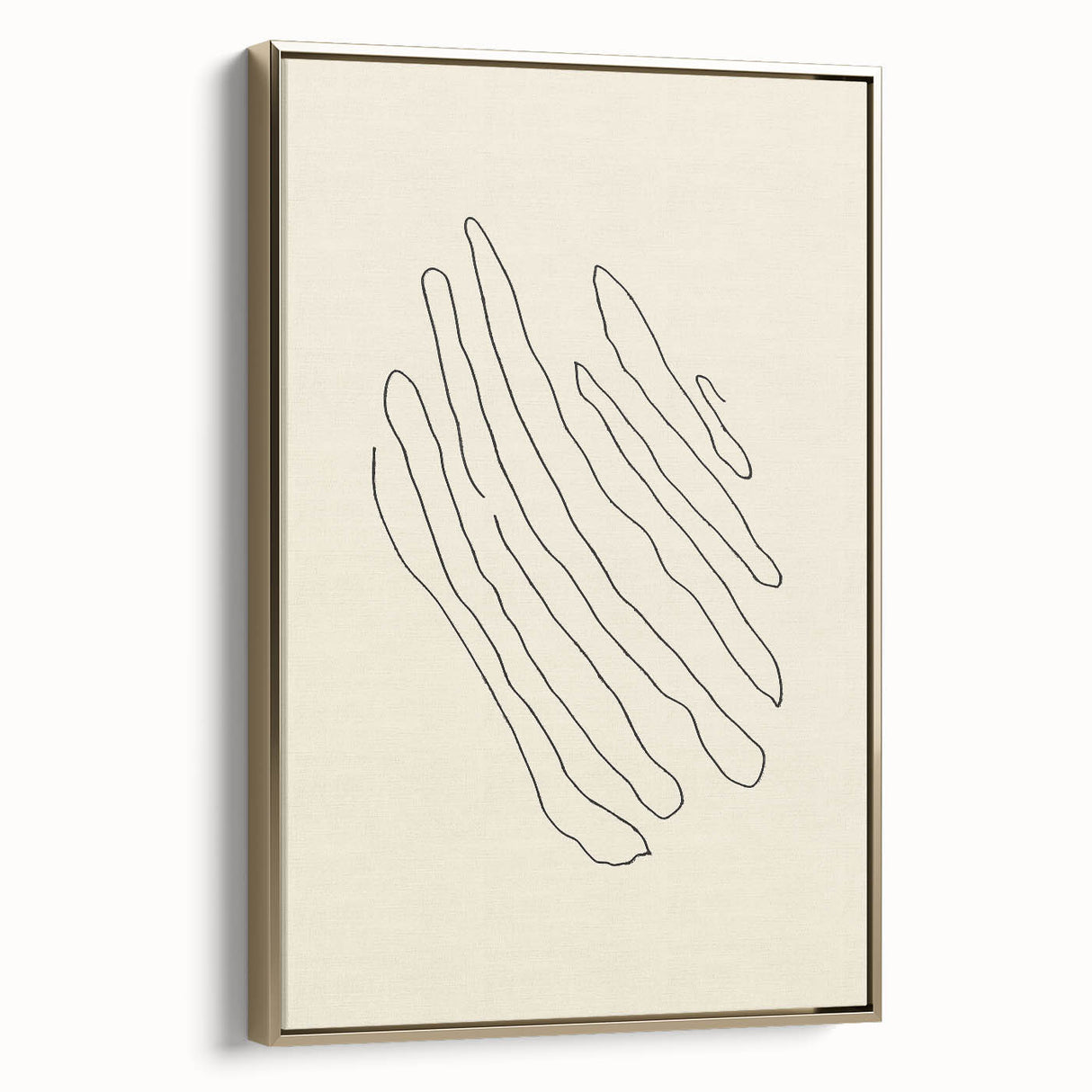 Framed abstract minimalist wall art featuring a gold design on canvas, showcased from the side to highlight its sleek profile and elegant aesthetic, perfect for modern decor.