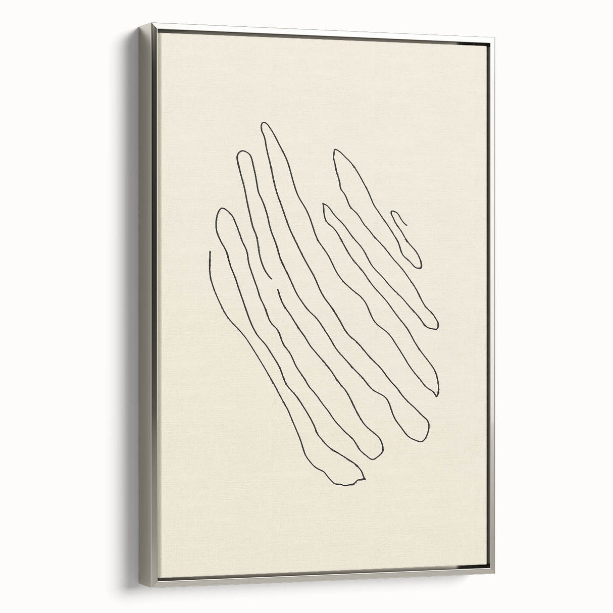 Framed canvas wall art showcasing an abstract minimalist design with a sleek silver frame, perfect for modern home décor. Ideal for elevating living room aesthetics.