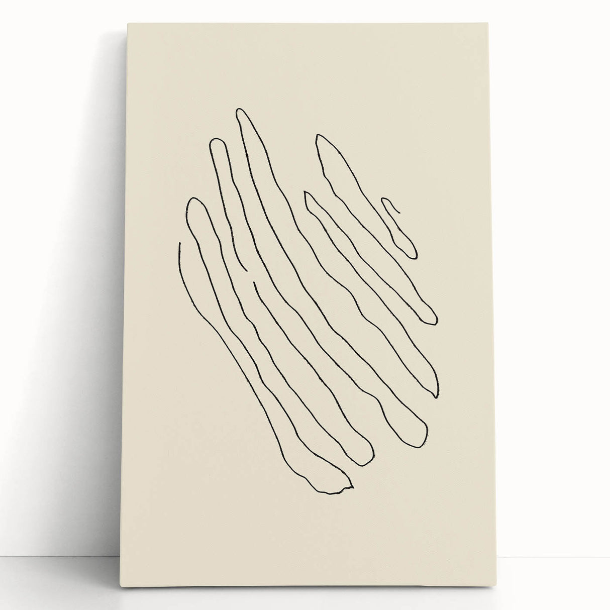Abstract minimalist wall art design on stretched canvas, showcasing soft pastel colors and geometric shapes, elegantly leaning against a light-colored wall.