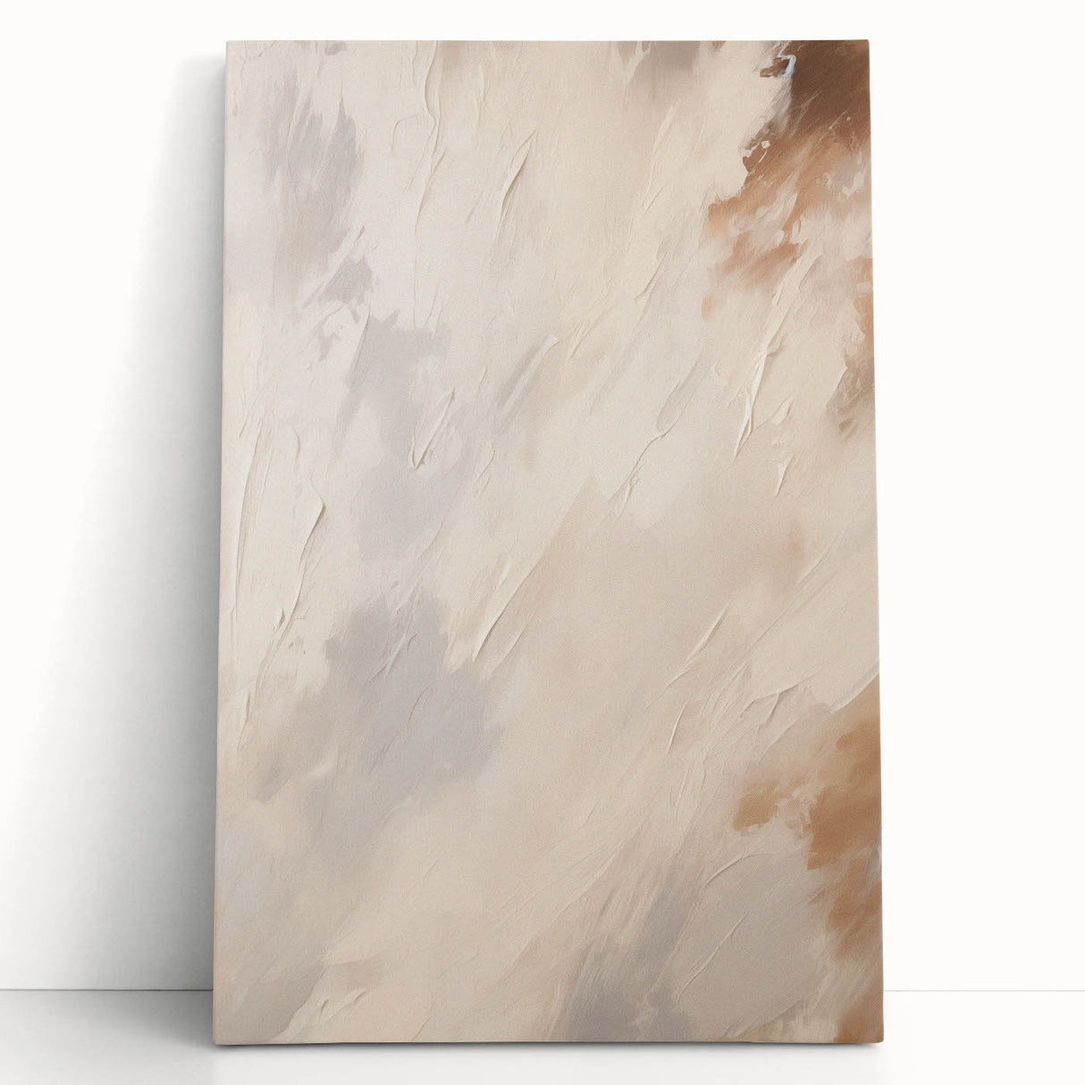 Stretched canvas wall art featuring an abstract minimalist design with soft pastel colors, elegantly leaning against a neutral wall, enhancing modern decor aesthetics.
