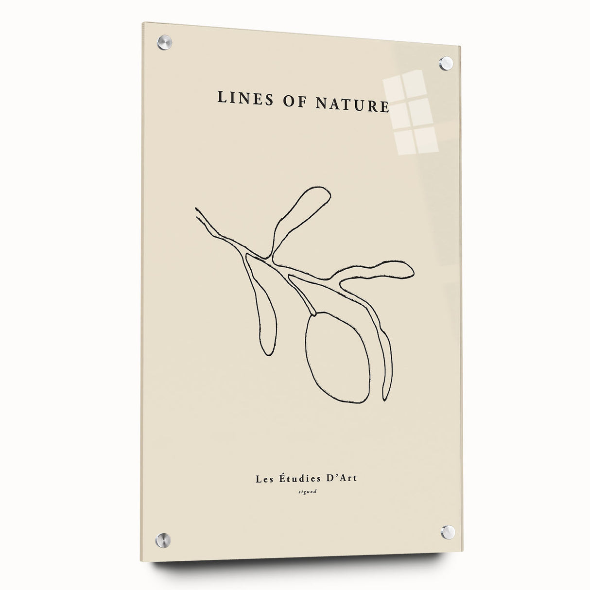 Abstract minimalist wall art collection displayed in acrylic glass, showcasing a side view with visible pins. The design features muted colors and geometric shapes, enhancing modern decor aesthetics. Perfect for home or office settings to add a contemporary touch.