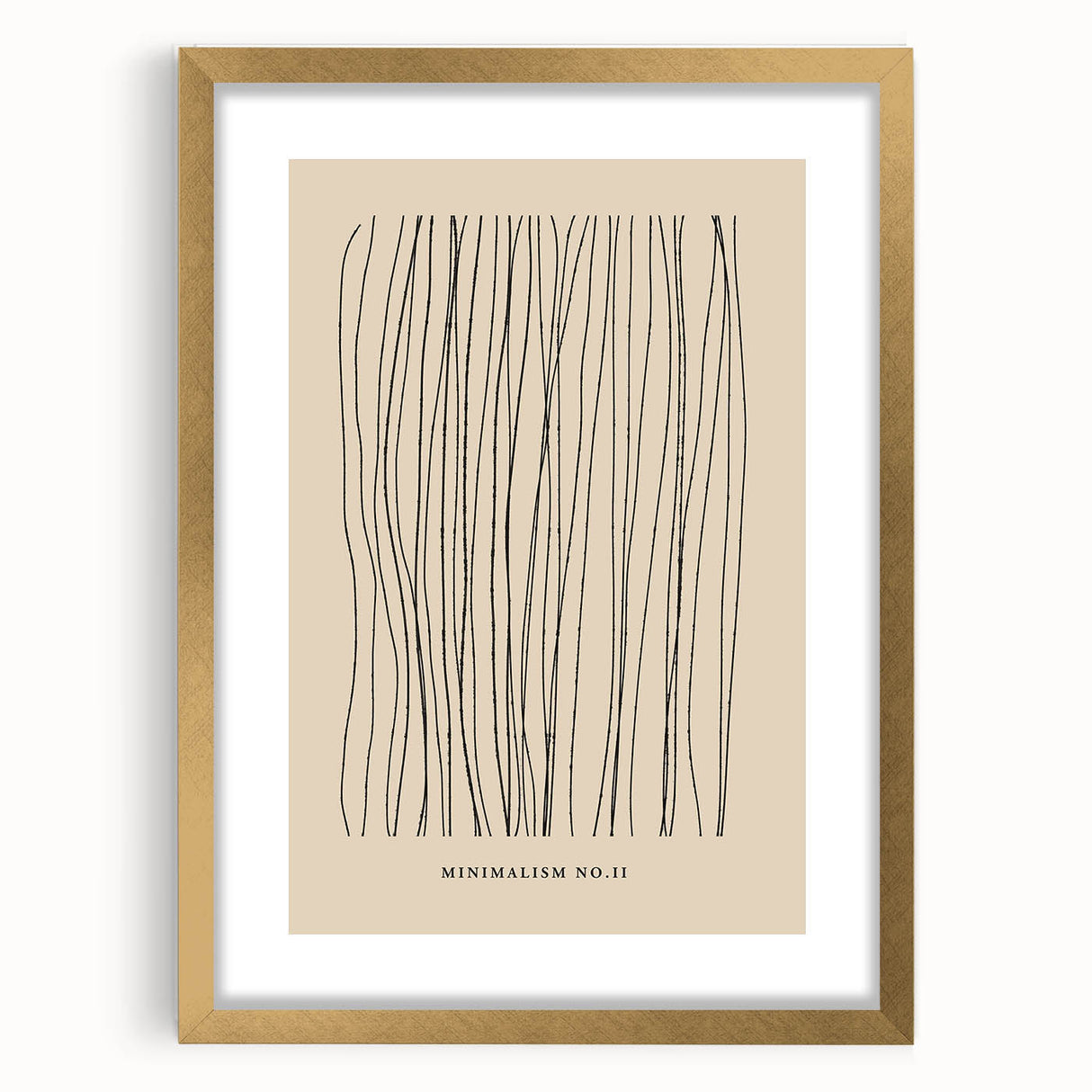 Abstract minimalist wall art collection featuring a gold-framed design with a mat, showcasing elegant lines and neutral tones, perfect for modern decor.