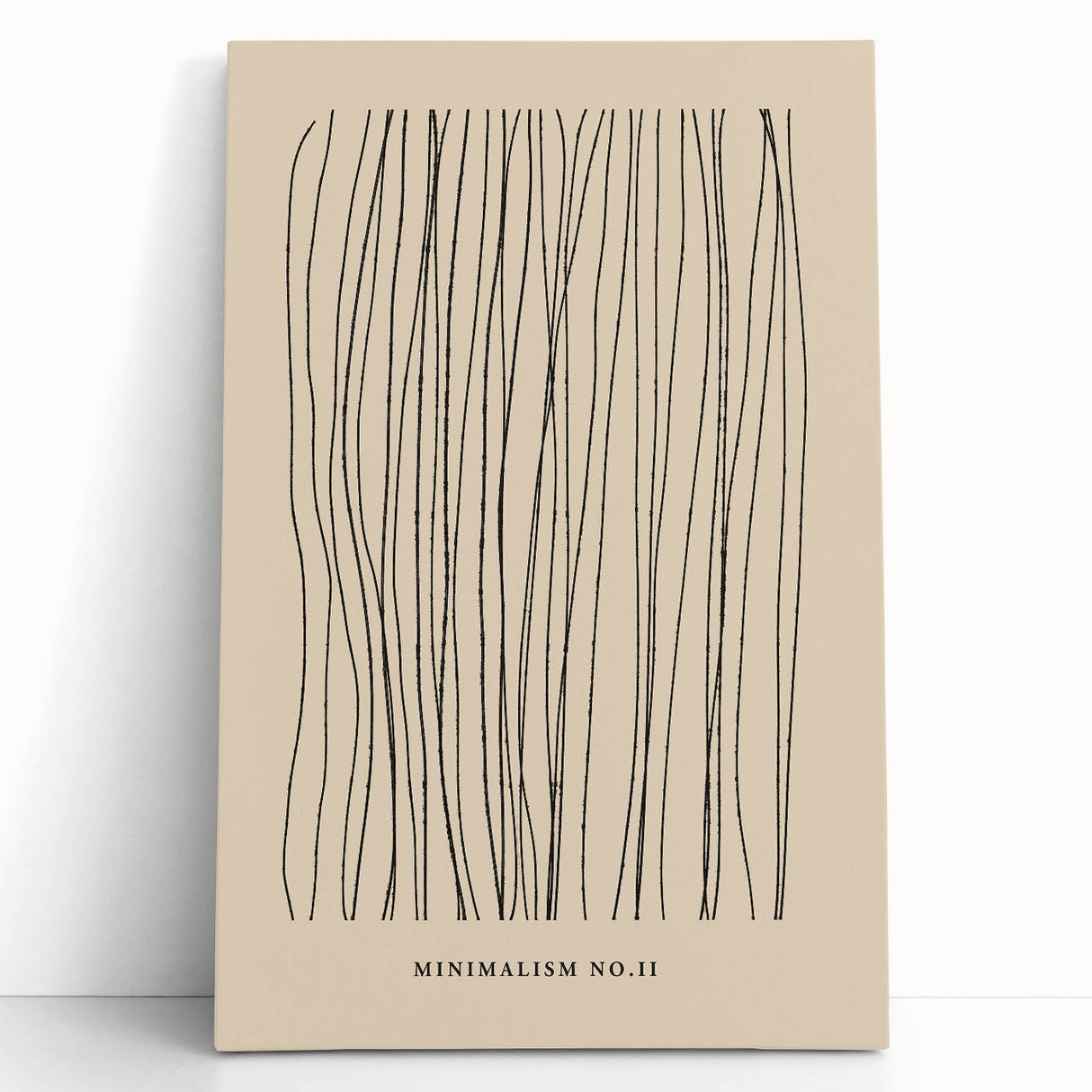 Abstract minimalist wall art design featuring muted tones of blue, beige, and gray on a stretched canvas, leaning against a white wall, perfect for modern decor.