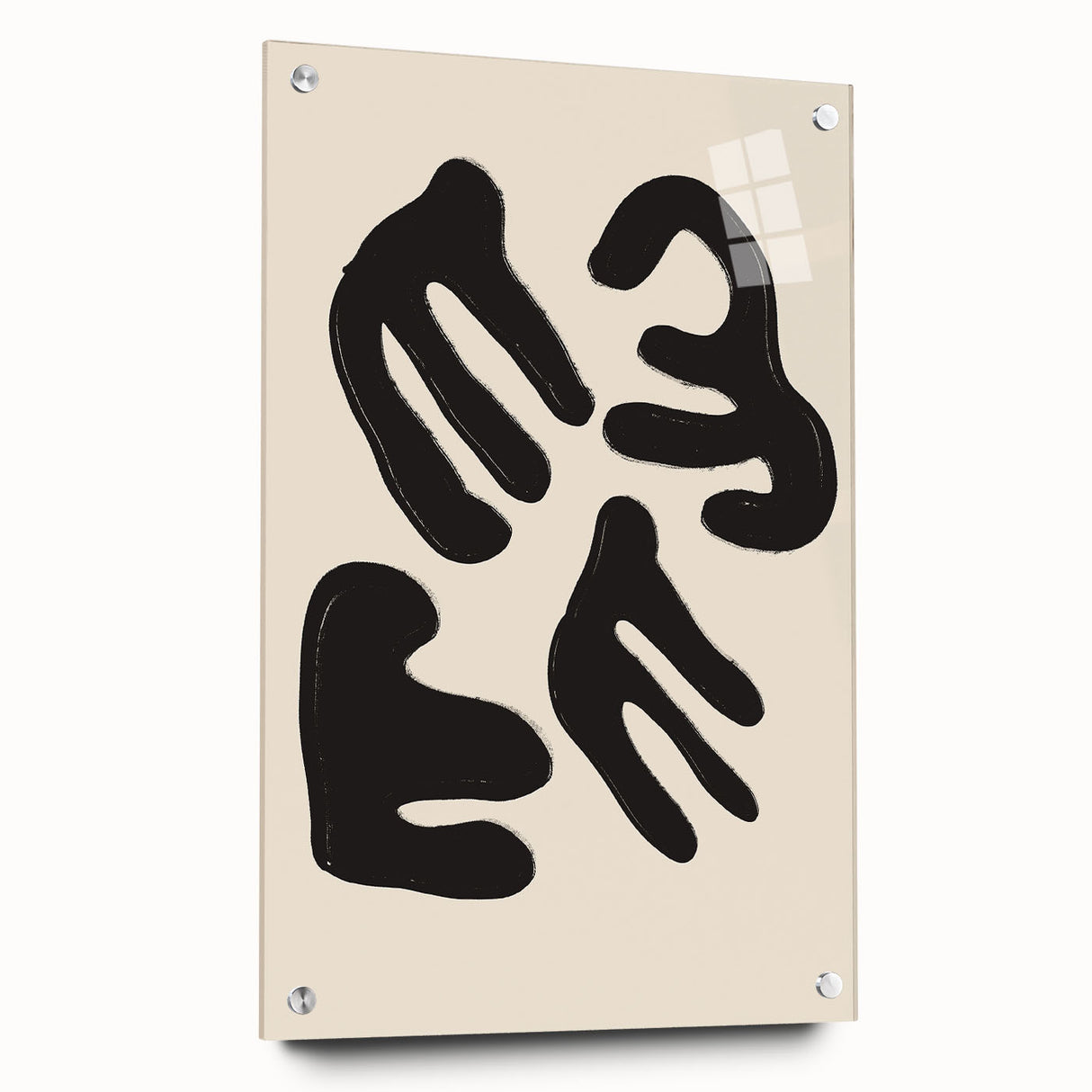 Abstract minimalist wall art collection displayed in acrylic glass, showcasing a vibrant geometric design with bold colors and contrasting shapes.