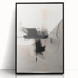 Framed abstract minimalist wall art featuring a black design with clean lines, elegantly displayed against a neutral backdrop, ideal for modern decor.