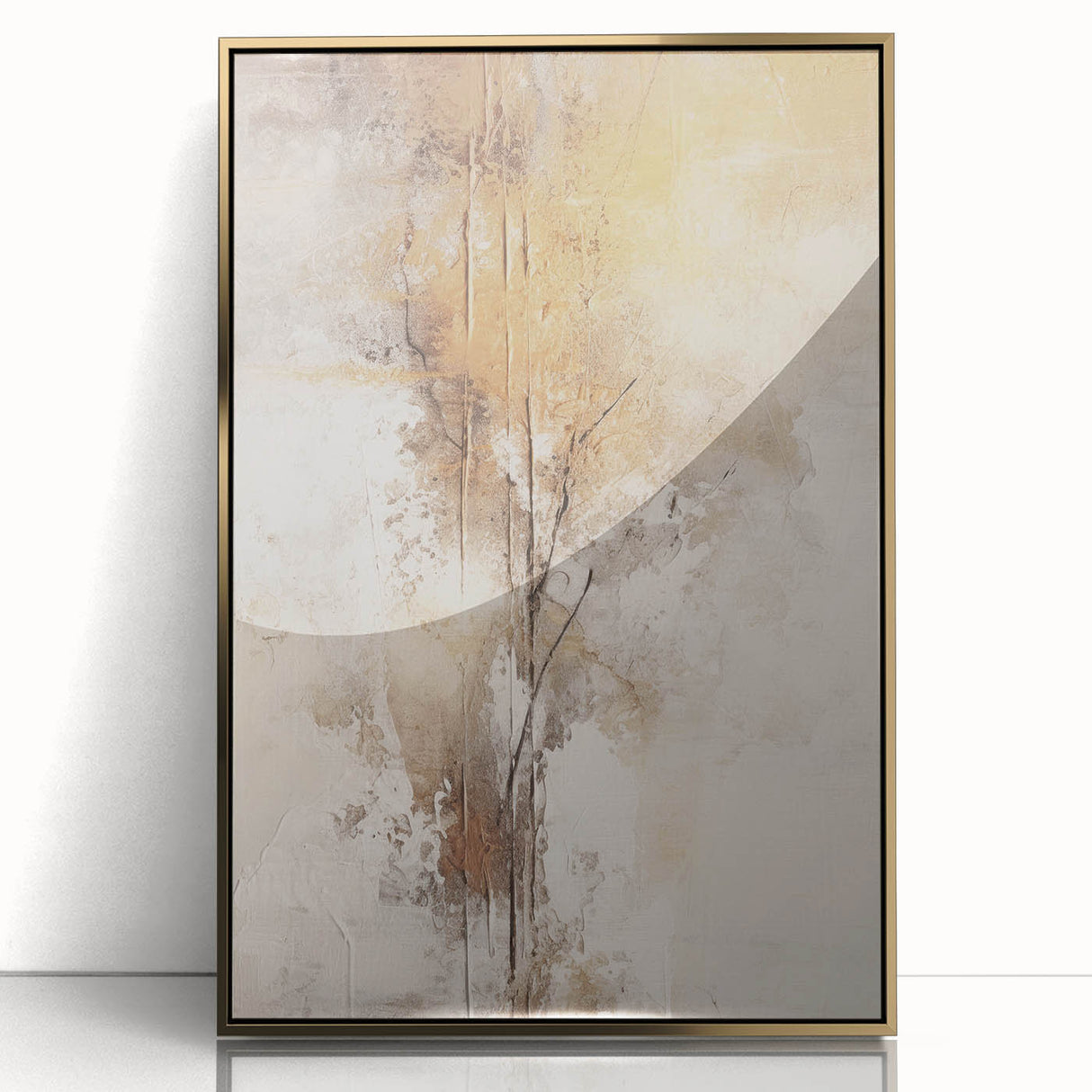 Framed abstract modern wall art collection featuring vibrant gold and acrylic design, elegantly displayed against a neutral background.
