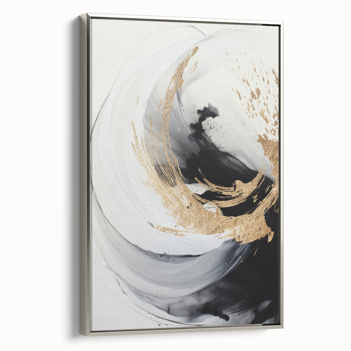 Framed modern abstract wall art featuring geometric patterns in silver tones, showcasing a sleek side view ideal for contemporary interior decor.