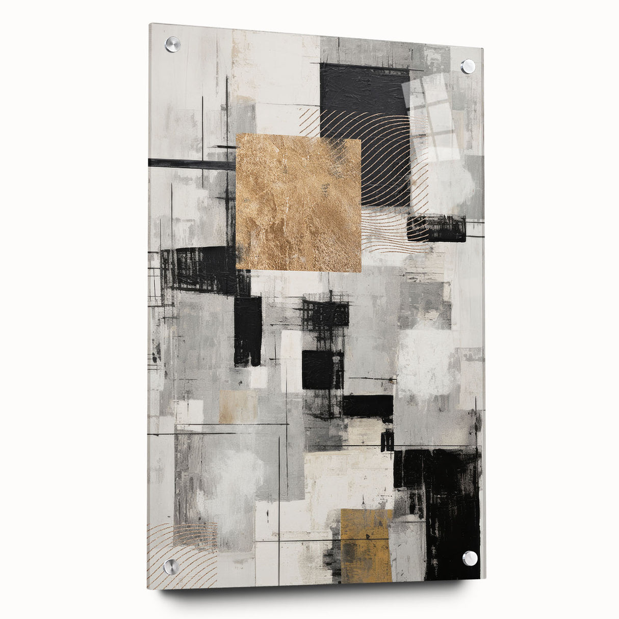 Abstract modern wall art collection displayed in a sleek acrylic frame, showcasing vibrant colors and geometric patterns, perfect for contemporary home decor.