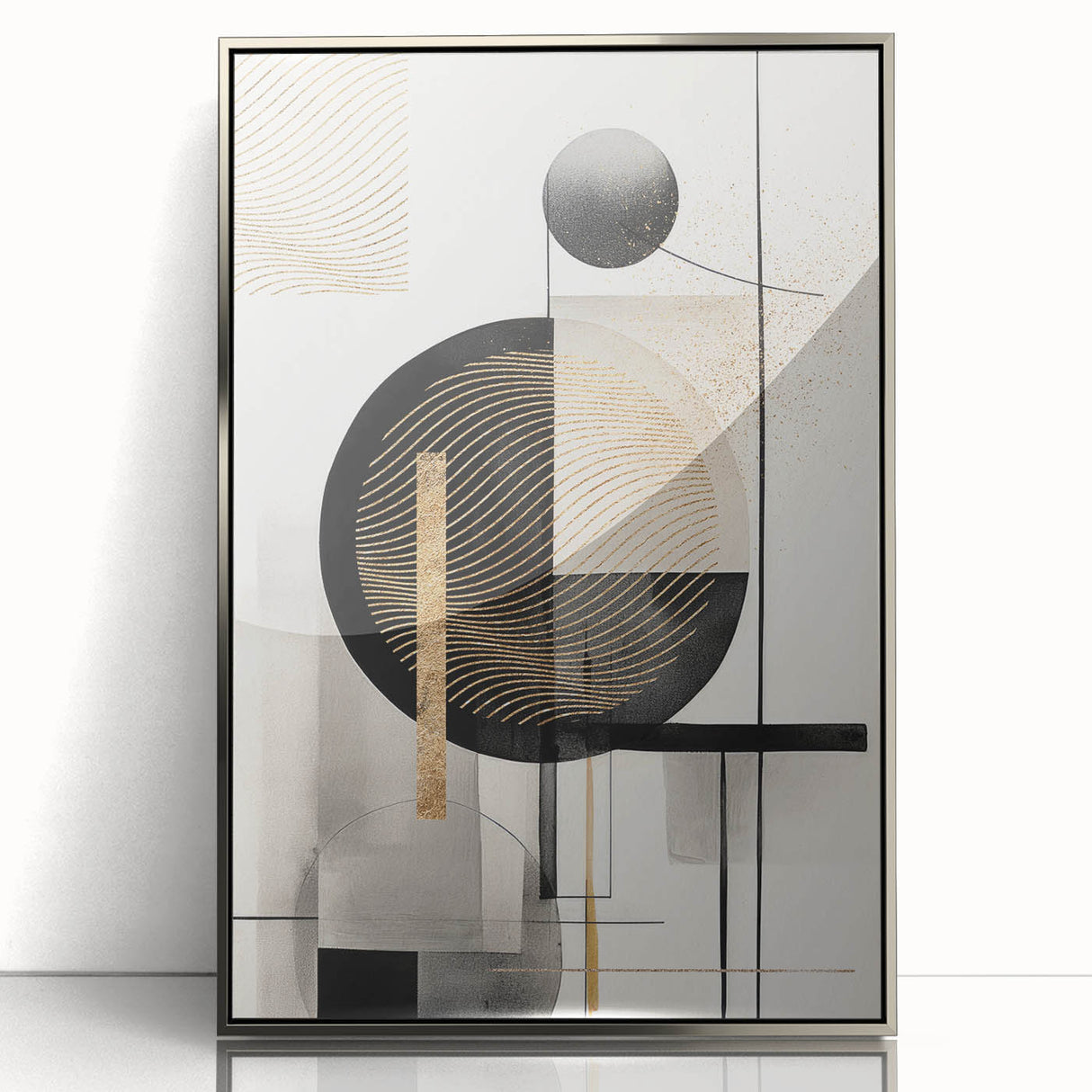 Framed abstract modern wall art piece featuring a silver-acrylic design, showcasing geometric shapes and vibrant colors, ideal for contemporary home decor.