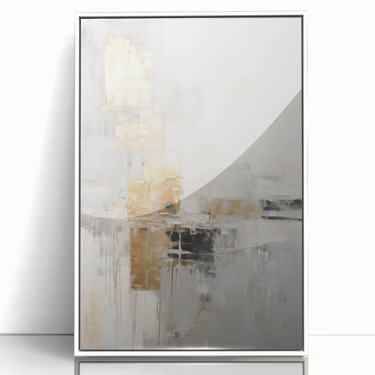 Framed abstract modern wall art design in a sleek white frame, showcasing vibrant colors and geometric patterns, perfect for contemporary interior decor.