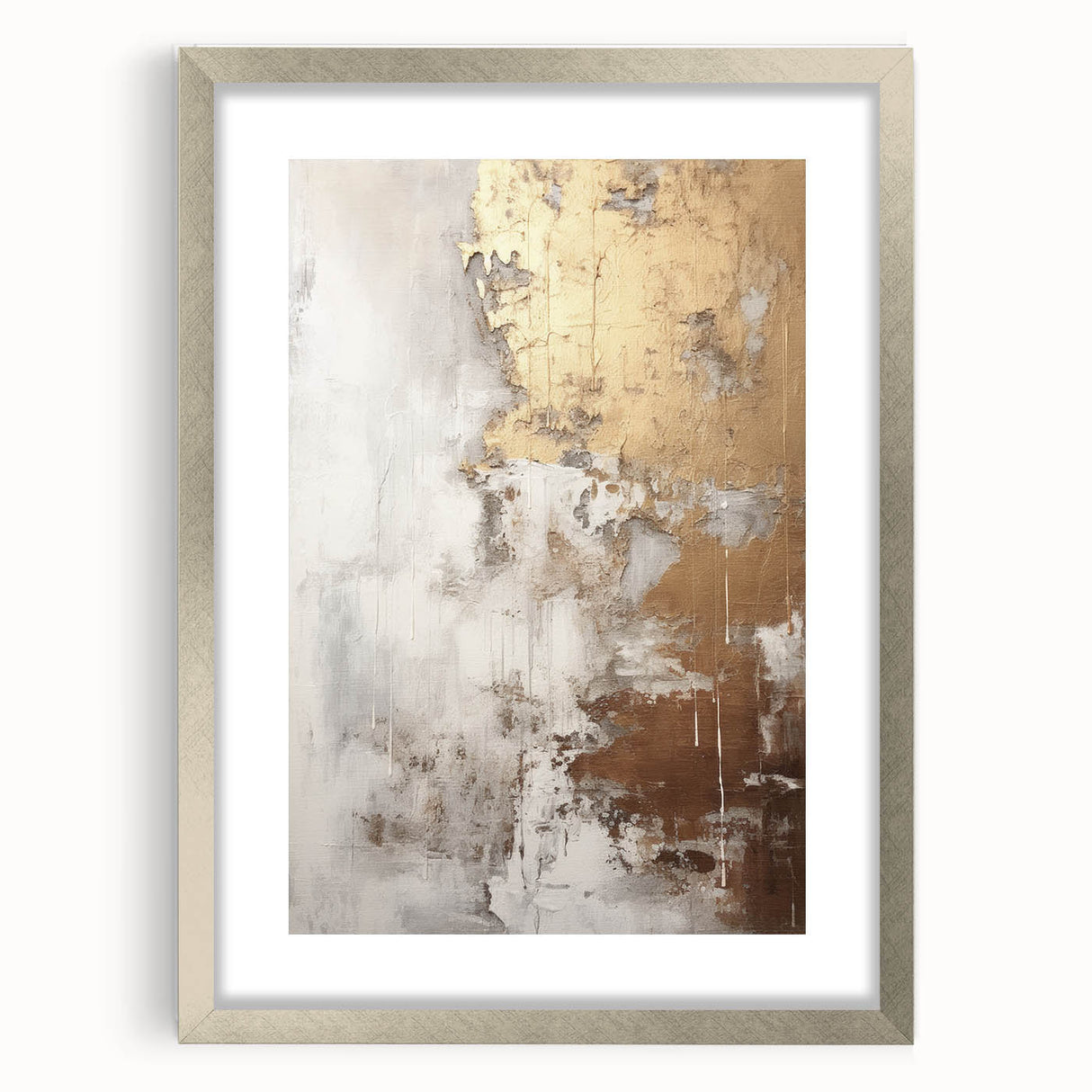 Abstract modern wall art collection featuring a sleek silver frame with a mat, showcasing vibrant geometric designs that enhance contemporary decor.