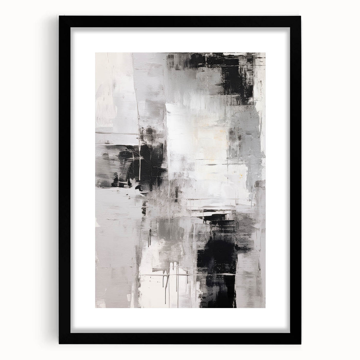Abstract modern wall art collection featuring a black frame and mat, showcasing vibrant geometric designs suitable for contemporary decor. The artwork emphasizes bold colors and intricate patterns, ideal for enhancing living spaces.