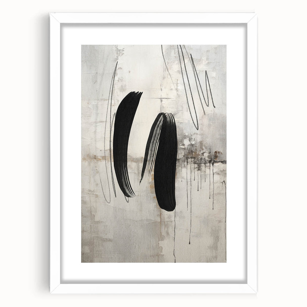 Abstract modern wall art collection framed in white matting, showcasing geometric shapes and vibrant colors, ideal for contemporary home decor.