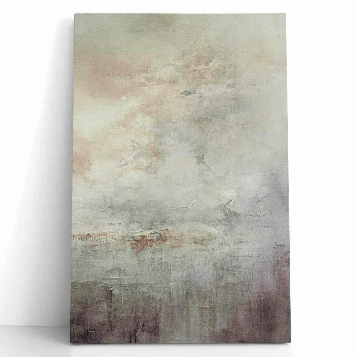 Stretched canvas art piece featuring an abstract modern design in vibrant colors, leaning against a wall, perfect for contemporary home decor or gallery display.