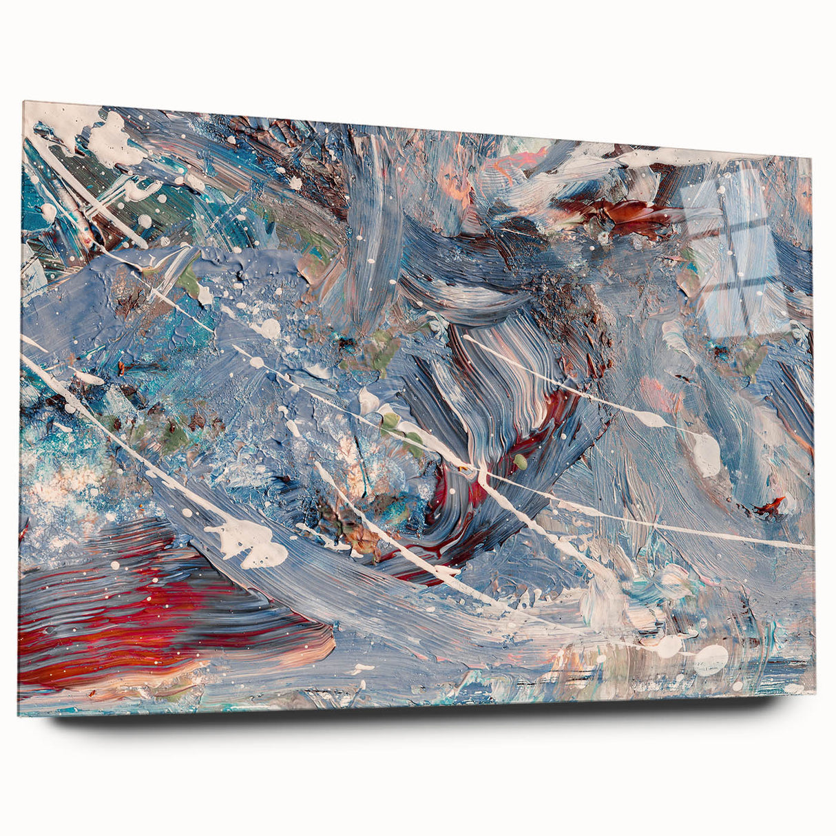 Abstract wall art piece showcasing vibrant splatter designs in bold colors, displayed in a sleek acrylic glass frame, enhancing modern decor.