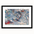 Framed abstract splatter wall art featuring vibrant colors and dynamic patterns, set in a sleek black frame with a mat, ideal for modern decor.