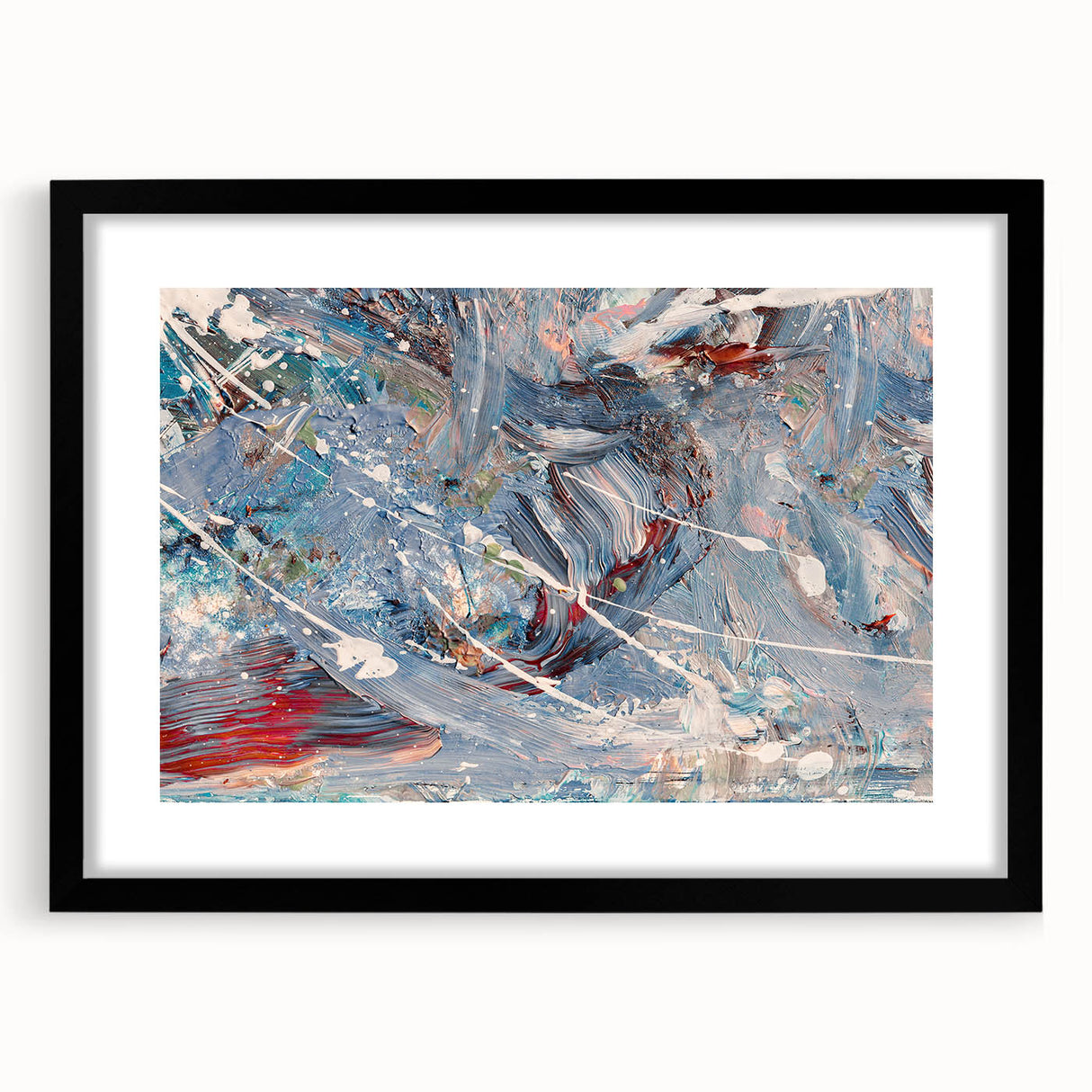 Framed abstract splatter wall art featuring vibrant colors and dynamic patterns, set in a sleek black frame with a mat, ideal for modern decor.