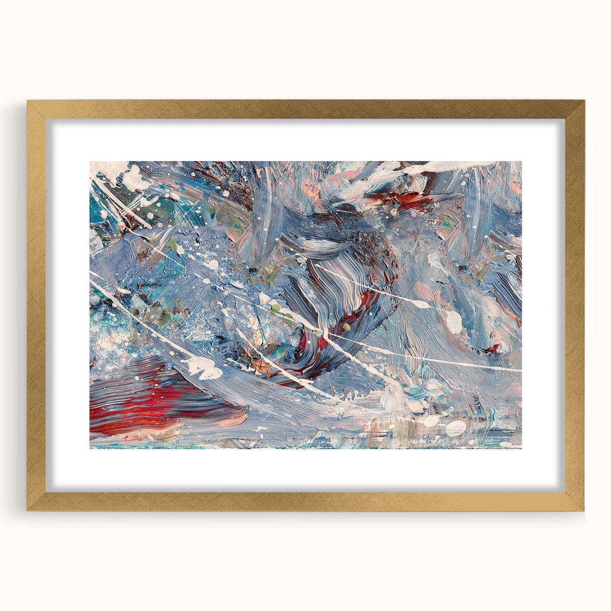 Framed abstract wall art showcasing colorful splatter designs with a gold mat, perfect for modern home decor. The vibrant colors create a dynamic visual impact.