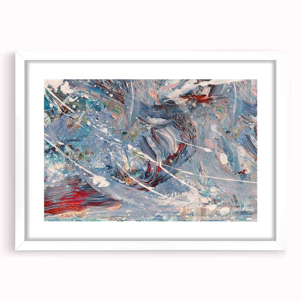 Framed abstract wall art featuring colorful splatters in a modern design, set against a white mat for an elegant display.