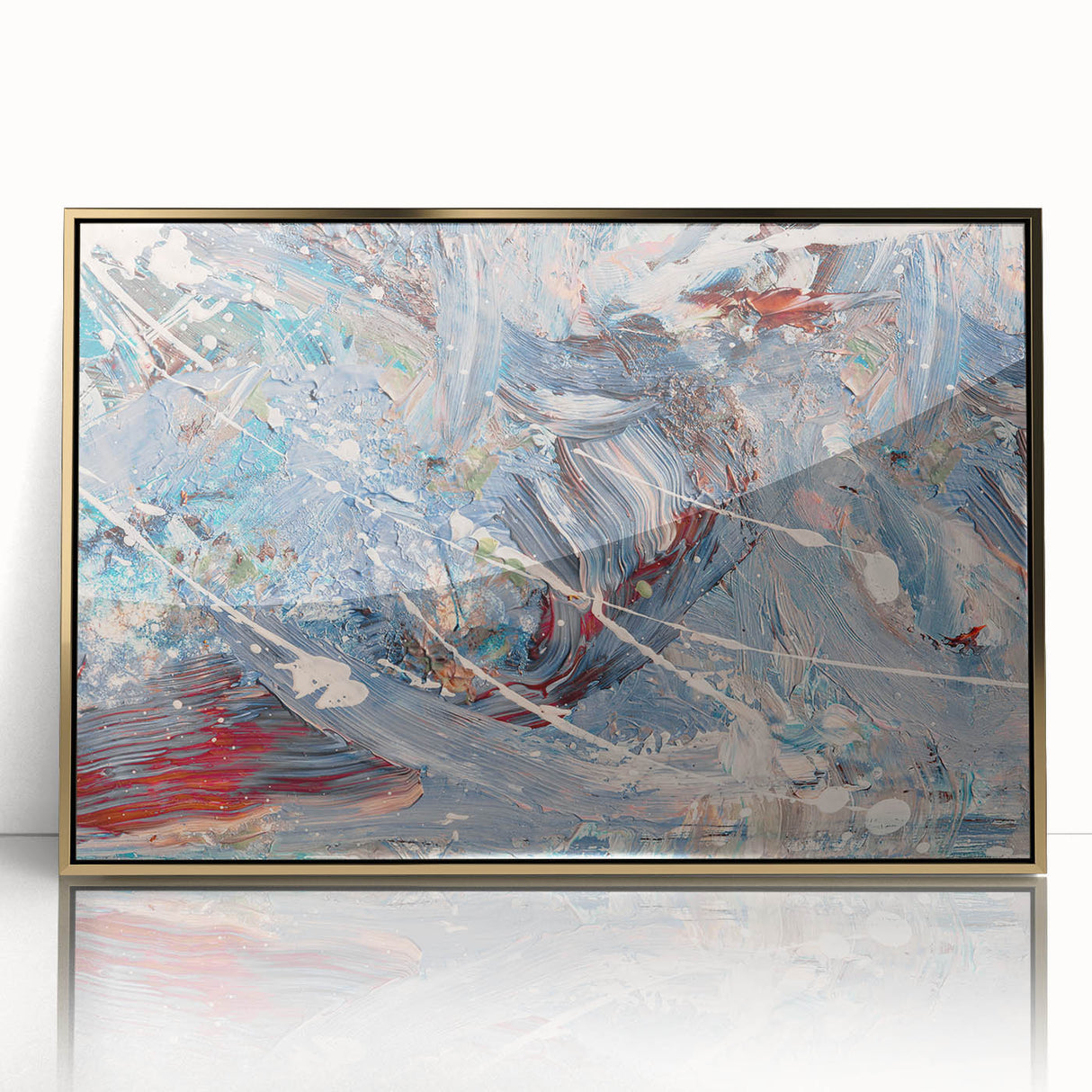 Framed abstract wall art featuring colorful paint splatters on a gold-accented background, adding a modern touch to any decor.