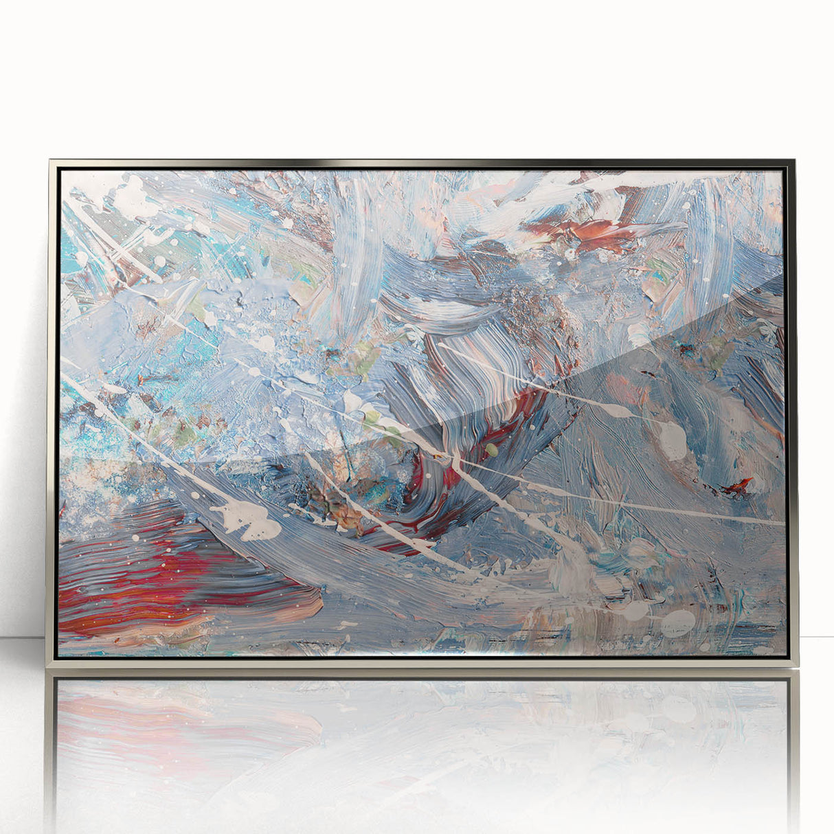Framed abstract wall art featuring colorful splatter designs in a sleek silver frame, perfect for modern home decor.