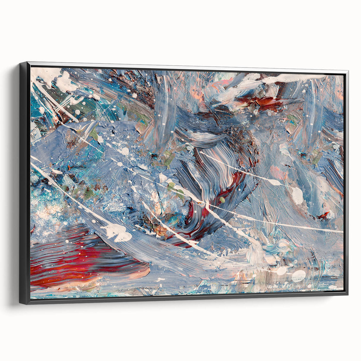 Framed abstract wall art featuring colorful splatter designs on a black canvas, showcasing a modern artistic style ideal for contemporary decor.