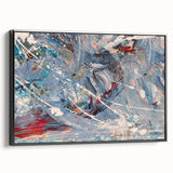Framed abstract wall art featuring colorful splatter designs on a black canvas, showcasing a modern artistic style ideal for contemporary decor.