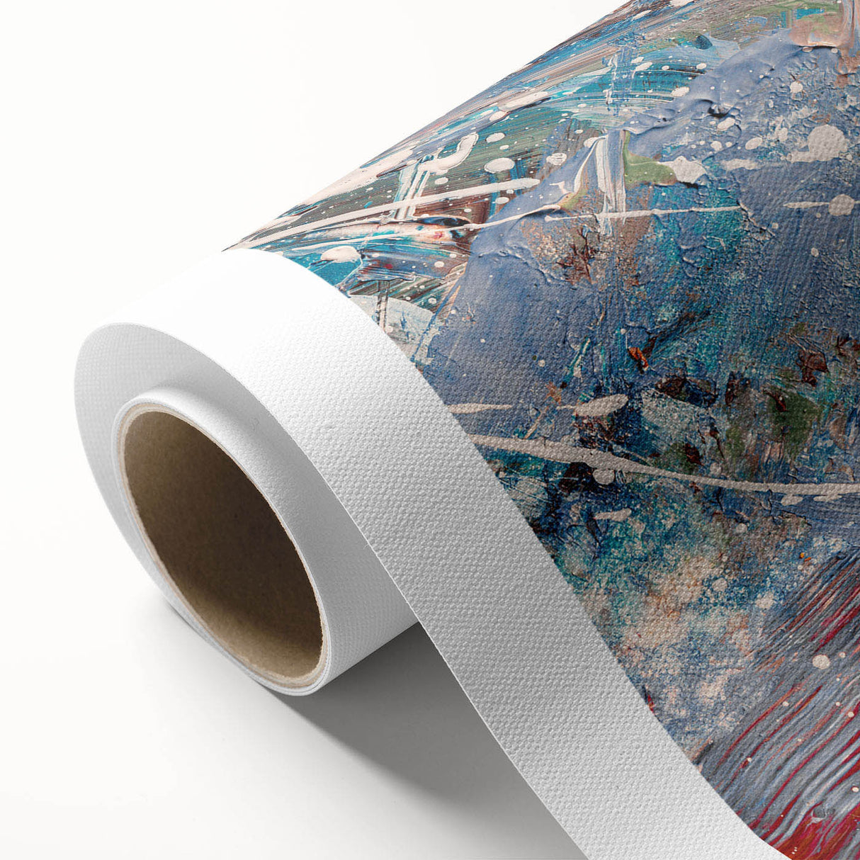 Abstract wall art featuring vibrant splatter designs in shades of blue, orange, and yellow on rolled canvas, ideal for modern decor.