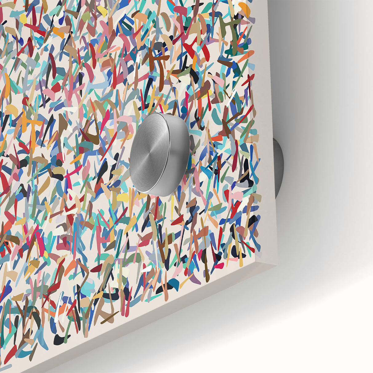 Abstract splatter design wall art featuring vibrant colors and dynamic patterns, printed on acrylic glass for a modern decor accent.