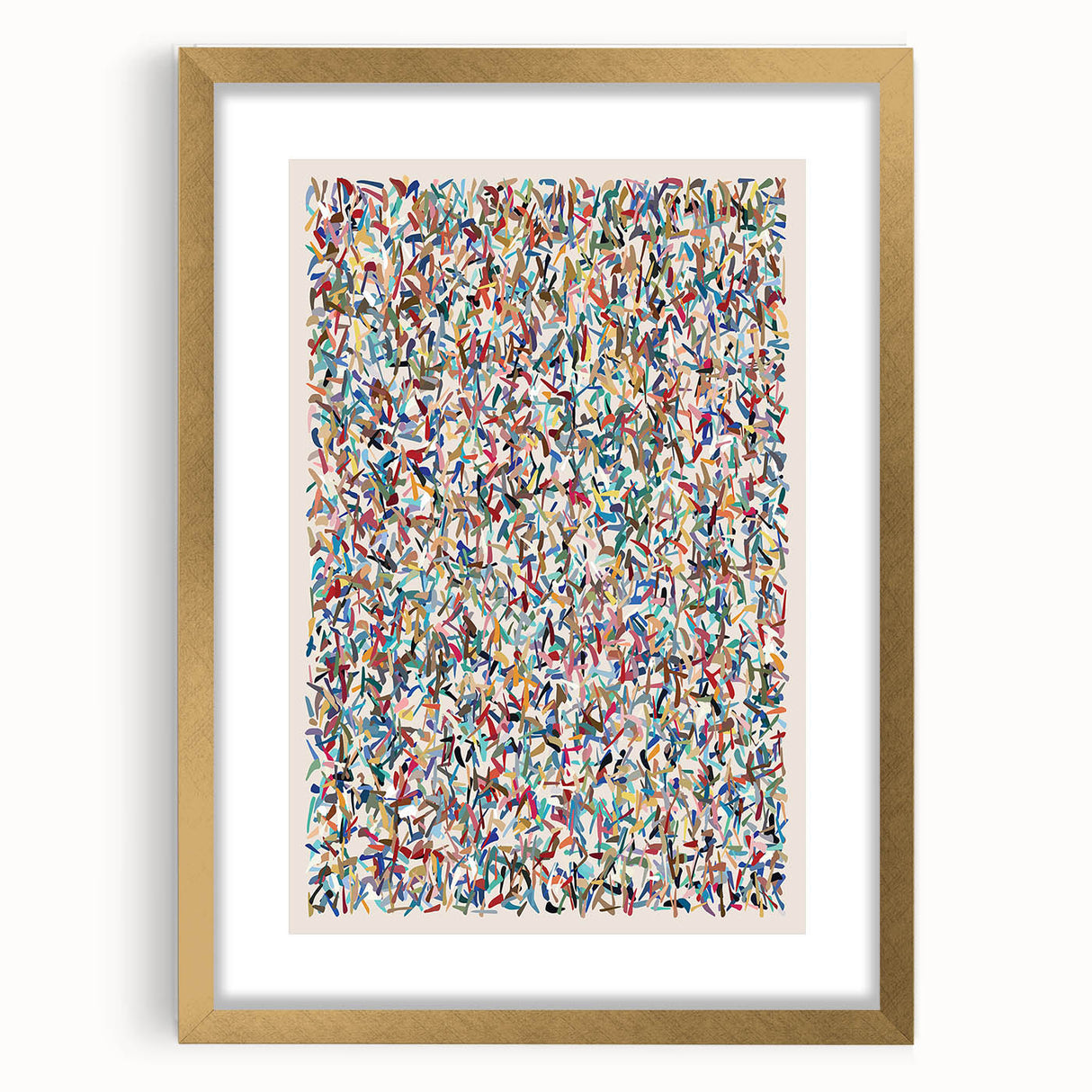 Framed abstract splatters wall art in gold, showcasing vibrant colors and textures, perfect for modern home decor or office spaces.