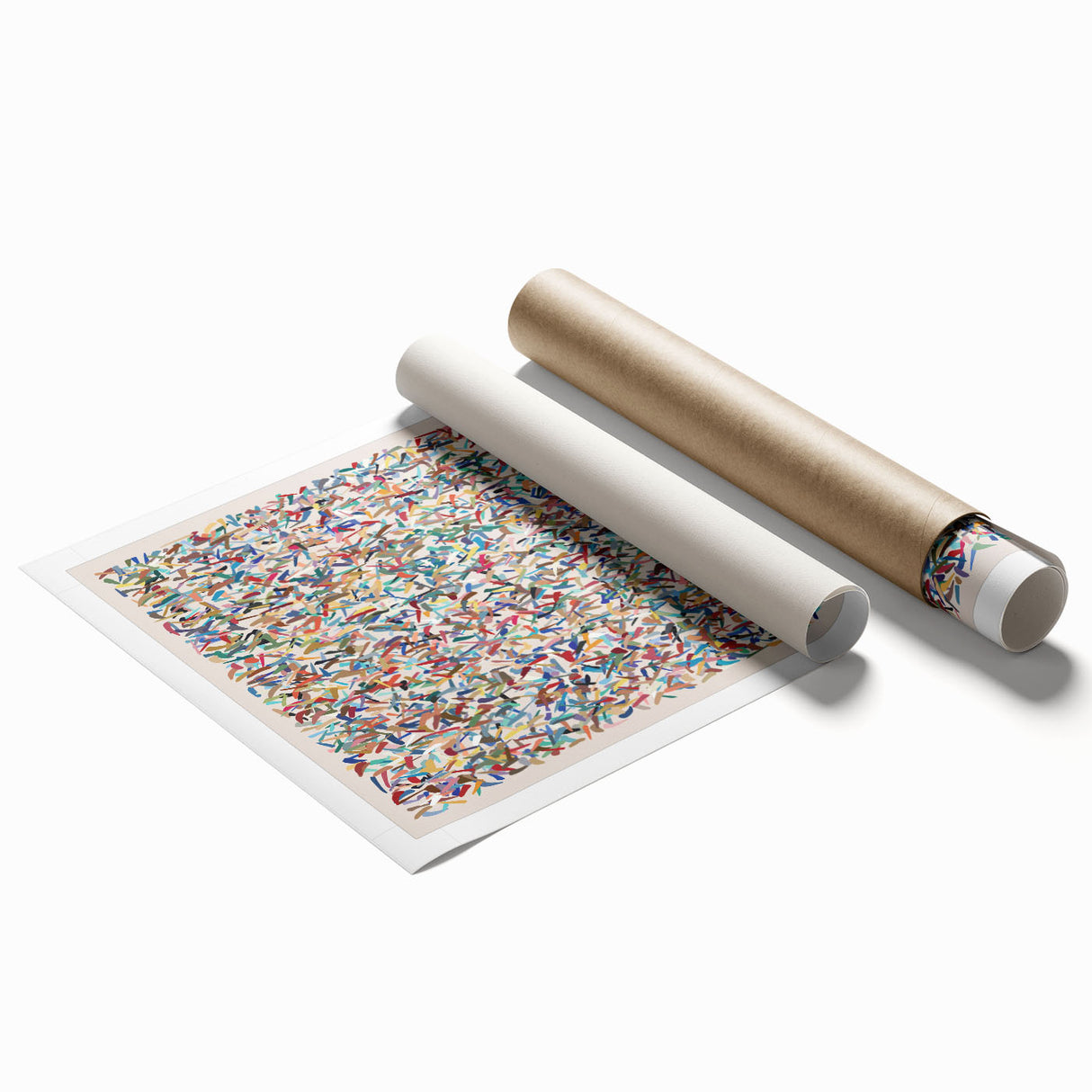 Abstract wall art print showcasing vibrant splatter designs in bold colors, ideal for modern decor, rolled and ready for framing.