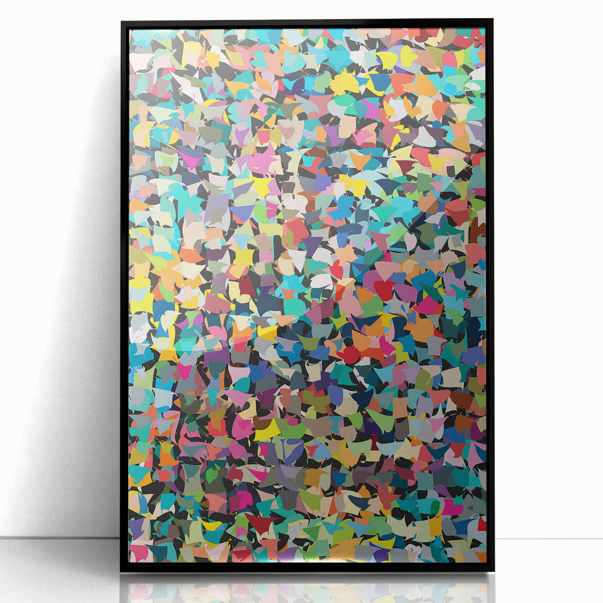 Framed abstract wall art print showcasing vibrant splatter designs in black, yellow, and blue colors, perfect for modern home decor.