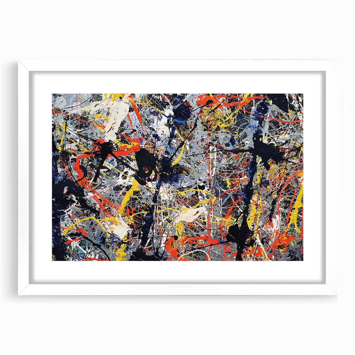 Abstract splatter design wall art in a sleek white frame, showcasing vibrant colors and dynamic patterns, perfect for modern decor.