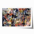 Abstract wall art with colorful splatters and dynamic patterns on a rolled canvas print, perfect for modern home decor or gallery displays.